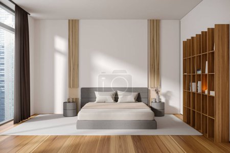 Foto de Vista frontal en el interior del dormitorio luminoso con cama, ventana panorámica con vista a Singapur, estante, suelo de madera de roble. Concepto de diseño minimalista. Espacio para el frío y la relajación. renderizado 3d - Imagen libre de derechos