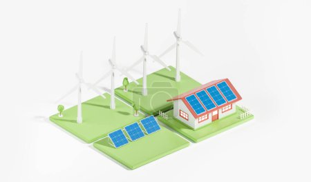 Téléchargez les photos : Maison isométrique avec panneaux solaires sur le toit, centrale éolienne sur pelouse verte. Concept de sources alternatives et d'énergies renouvelables. rendu 3D - en image libre de droit
