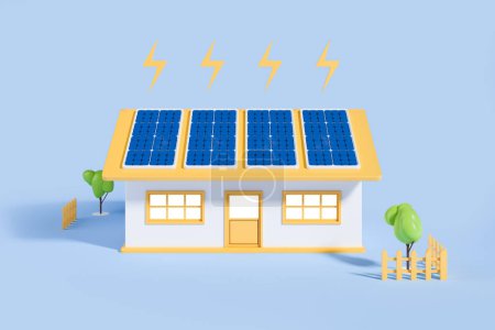 Téléchargez les photos : Maison intelligente avec des panneaux solaires avec la foudre, fond bleu clair. Concept d'énergie verte et de sources renouvelables. rendu 3D - en image libre de droit