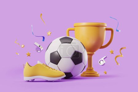 Foto de Copa campeona de oro y pelota de fútbol con botas, silbato y confeti cayendo sobre fondo púrpura. Concepto de fútbol y victoria. Renderizado 3D - Imagen libre de derechos