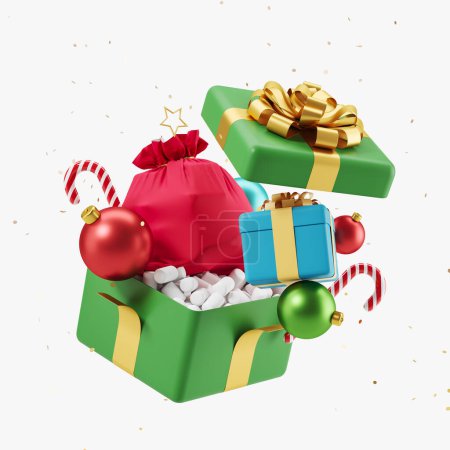 Foto de Caja de regalo verde abierto con bolsa roja de Santa Claus, bastones de caramelo y decoración del árbol de Navidad sobre fondo blanco. Concepto de vacaciones y presente. Renderizado 3D - Imagen libre de derechos