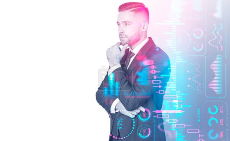 Photo for Pensive businessman portrait, hand to chin. Glowing colorful forex hologram with business data analysis, double exposure. Concept of financial consultant. Copy space - Royalty Free Image