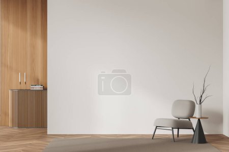 Widok z przodu na jasny salon wnętrze z fotelem, pusty biały mur, dąb drewniana podłoga z drewna liściastego, stolik kawowy, szafa z książkami i świecami, dywan. Koncepcja minimalistycznego designu. 3d renderowanie