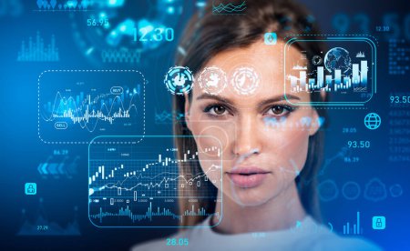 Photo for Confident and serious businesswoman portrait, double exposure virtual screen with forex and stock market graph charts. Concept of big business data - Royalty Free Image