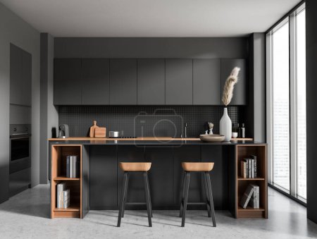 Photo for Front view on dark kitchen room interior with panoramic window, island with barstools, books, grey wall, concrete floor, sink, gas cooker, crockery. Concept of minimalist design. 3d rendering - Royalty Free Image
