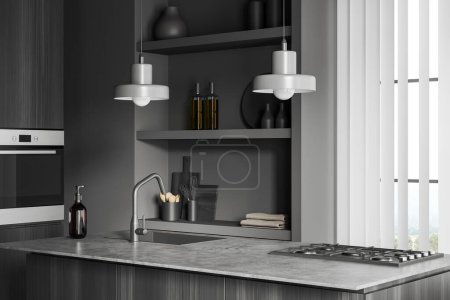 Photo for Dark kitchen interior cooking space with bar island, side view. Sink, stove and oven with shelf and minimalist kitchenware. Panoramic window on countryside. 3D rendering - Royalty Free Image