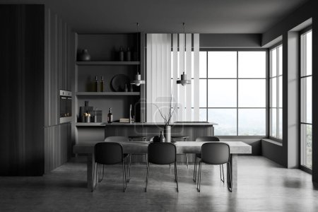 Photo for Dark kitchen interior with dining table and bar island, grey concrete floor. Shelf with kitchenware and panoramic window on countryside. 3D rendering - Royalty Free Image