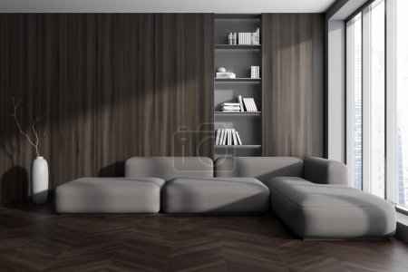 Photo for Dark living room interior with sofa on hardwood floor. Soft place in the corner with minimalist shelf. Panoramic window on skyscrapers. Copy space empty wall. 3D rendering - Royalty Free Image