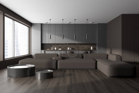 Photo for Front view on dark studio room interior with panoramic window, dining table, sofa, grey wall, oak wooden floor, armchairs, crockery. Concept of minimalist design. 3d rendering - Royalty Free Image