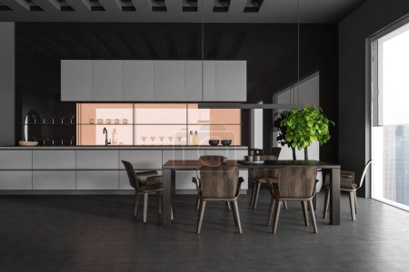 Photo for Front view on dark kitchen room interior with panoramic window, dining table, armchairs, cupboard, grey wall, concrete floor, glass, houseplant. Concept of minimalist design. 3d rendering - Royalty Free Image
