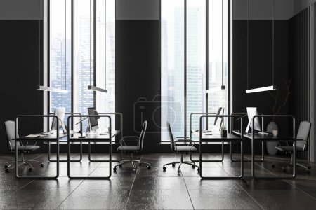 Photo for Dark coworking interior with armchairs and pc computer on desk, tile concrete floor. Business loft with panoramic window on Singapore city view. 3D rendering - Royalty Free Image