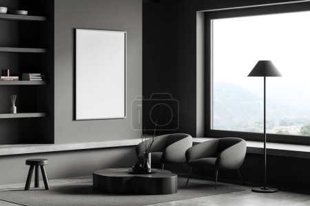 Photo for Corner view on dark living room interior with empty white poster, panoramic window, armchairs, coffee table, bookshelves, concrete floor. Concept of minimalist design. Mock up. 3d rendering - Royalty Free Image