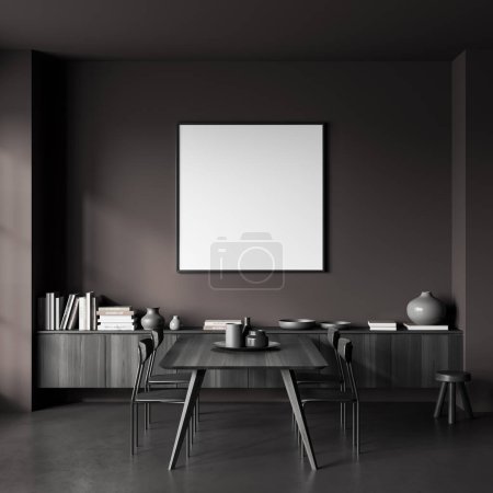 Photo for Dark living room interior with black wooden table and chairs on grey concrete floor. Meeting area with drawer, books and art decoration. Mock up canvas poster. 3D rendering - Royalty Free Image