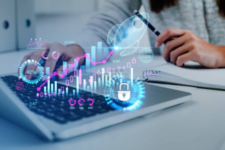 Photo for Woman fingers typing on laptop, double exposure with forex diagrams and startup rocket launch, business data security. Concept of financial analysis - Royalty Free Image