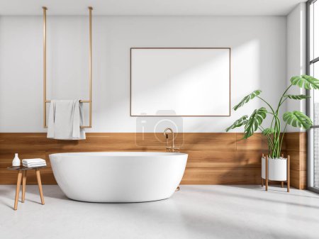 Photo for Front view on bright bathroom interior with bathtub, empty poster, panoramic window with city skyscrapers, white walls, houseplant, concrete floor. Concept of water treatment. Mock up. 3d rendering - Royalty Free Image