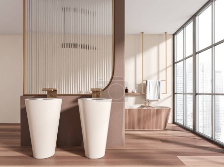 Téléchargez les photos : Intérieur de salle de bain de luxe avec double lavabo et baignoire sur plancher de bois franc. Coin bain avec porte-serviettes et fenêtre panoramique sur les gratte-ciel. rendu 3D - en image libre de droit