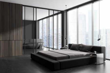 Photo for Corner view on dark studio interior with bed, bathtub, glass partition, panoramic window with Singapore skyscraper view, grey walls, bedside, concrete floor. Concept of minimalist design. 3d rendering - Royalty Free Image