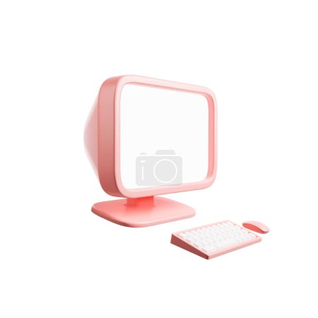 Foto de Caricatura rosa PC de escritorio con teclado y pantalla de espacio de copia maqueta, vista lateral. Concepto de internet y juegos. Renderizado 3D - Imagen libre de derechos
