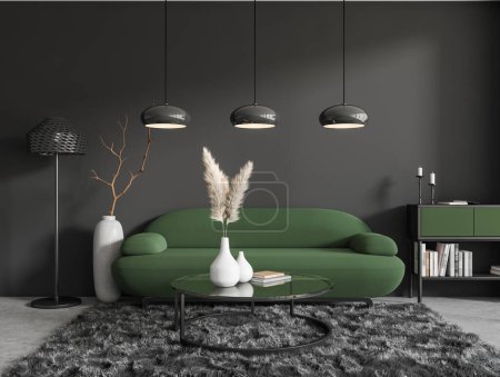 Photo for Dark living room interior with green sofa on grey concrete floor. Relaxing area with drawer, books and stylish decoration. 3D rendering - Royalty Free Image