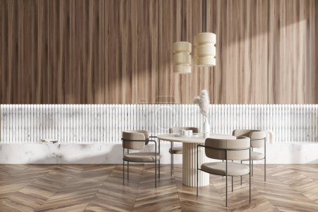 Photo for Front view on bright dining room interior with dining table, armchairs, books, cups wooden and white wall, lamp, oak hardwood floor. Concept of minimalist design. 3d rendering - Royalty Free Image