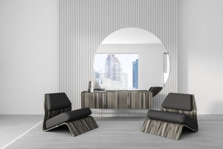 Photo for Front view on bright living room interior with closet, armchair, white wall, mirror with panoramic window with skyscraper view in reflection, concrete floor. Concept of minimalist design. 3d rendering - Royalty Free Image