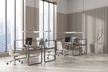Photo for Beige workplace interior with pc computer and armchair, side view beige tile concrete floor. Coworking corner and panoramic window on skyscrapers. 3D rendering - Royalty Free Image