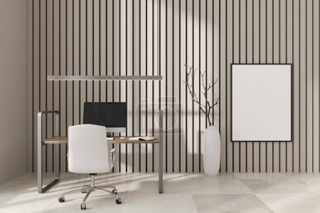Photo for Front view on bright office room interior with desk, computer, empty white poster, armchair, concrete tile floor, white walls, vase. Concept of place for working process. Mock up. 3d rendering - Royalty Free Image