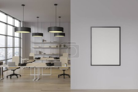 Photo for White library interior with table and chairs in row, panoramic window on Paris skyscrapers. Stylish working or learning room. Mock up canvas poster on partition. 3D rendering - Royalty Free Image