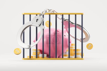 Photo for Metal handcuffs with prison cell and piggy bank with stack of coins. Concept of money arrest, illegal action or financial crime. 3D rendering illustration - Royalty Free Image