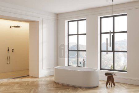 Téléchargez les photos : Intérieur de salle de bain classique blanc avec baignoire et douche, plancher de bois franc. Vue en angle de l'espace de baignade de luxe avec mur de moulage et fenêtre panoramique. rendu 3D - en image libre de droit