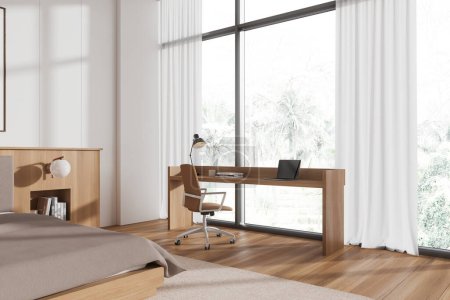 Foto de Esquina de la moderna oficina en casa con paredes blancas, suelo de madera, mesa de madera con ordenador portátil y silla beige de pie cerca de la ventana panorámica. renderizado 3d - Imagen libre de derechos
