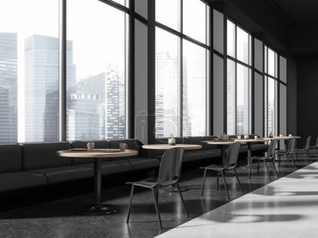 Photo for Dark coffee shop interior with chairs and tables in row, grey concrete floor. Minimalist cafeteria with sofa along panoramic window on Singapore skyscrapers. 3D rendering - Royalty Free Image