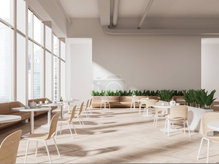 Photo for Cozy restaurant interior with minimalist chairs and tables in row, hardwood floor. Scandinavian cafeteria with sofa and panoramic window on Singapore skyscrapers. 3D rendering - Royalty Free Image