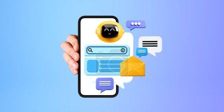 Photo for Hand of man holding smartphone with AI artificial intelligence robot and speech bubbles over blue background. Concept of machine learning and robot assistant chatting - Royalty Free Image