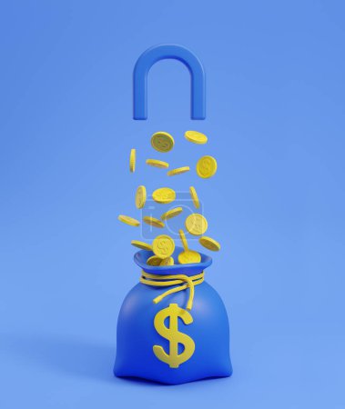 Foto de Bolsa de dinero azul con imán que atrae monedas de oro en dólares. Concepto de hacer y ganar dinero, riqueza, éxito y beneficios financieros. Ilustración de representación 3D - Imagen libre de derechos