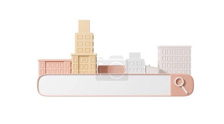 Téléchargez les photos : Mockup copier espace barre de recherche et paysage urbain abstrait, fond blanc vide. Concept de navigation, trafic, localisation et GPS. Illustration de rendu 3D - en image libre de droit