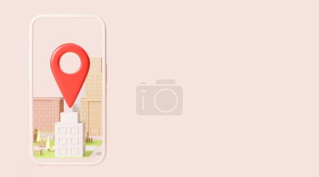 Foto de Vista de la pantalla del teléfono inteligente con la aplicación de navegación de edificios y ciudades con GPS y símbolo de pin de geoetiqueta roja sobre fondo de espacio de copia rosa. Concepto de navegación y geolocalización. renderizado 3d - Imagen libre de derechos