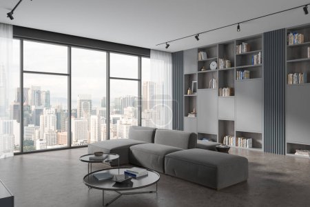 Photo for Stylish home living room interior with sofa, coffee table and shelf with books and stylish art decoration. Panoramic window on Kuala Lumpur skyscrapers. 3D rendering - Royalty Free Image