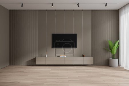 Foto de Interior de la sala de estar en casa beige con pantalla de tv y aparador con decoración, tul y planta cerca de la ventana. Elegante sala de estar con televisión, suelo de madera. Renderizado 3D - Imagen libre de derechos