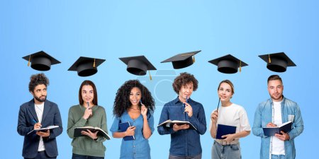 Photo for Six pensive multiracial business students working together, dreaming and thoughtful portraits in row with graduation cap flying. Concept of future career, education and degree - Royalty Free Image