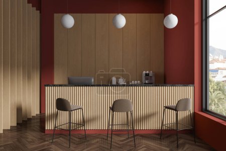 Téléchargez les photos : Intérieur du café moderne avec des murs orange et en bois, sol en bois foncé et comptoir de bar en bois confortable avec des tabourets marron. Rendu 3d - en image libre de droit
