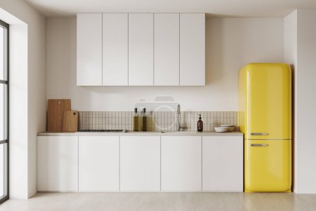 Téléchargez les photos : Beige intérieur de la cuisine maison avec espace de cuisson et réfrigérateur jaune avec armoire, sol en béton gris. Étagères de cuisine avec fenêtre et ustensiles de cuisine. rendu 3D - en image libre de droit