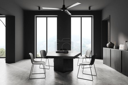 Photo for Grey cozy meeting room interior with table and chairs, grey concrete floor. Eating or conference space with sideboard and art decoration. Panoramic window on countryside. 3D rendering - Royalty Free Image