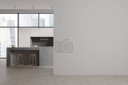 Foto de Casa blanca interior de la cocina con barra de piedra y taburete, armario con utensilios de cocina y ventana panorámica de los rascacielos de Singapur. Simular partición de pared vacía. Renderizado 3D - Imagen libre de derechos