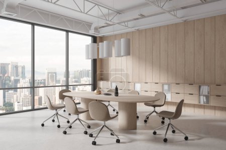 Photo for Cozy conference interior with oval board and wooden shelves, side view white concrete floor. Business work corner with panoramic window on Kuala Lumpur skyscrapers. 3D rendering - Royalty Free Image