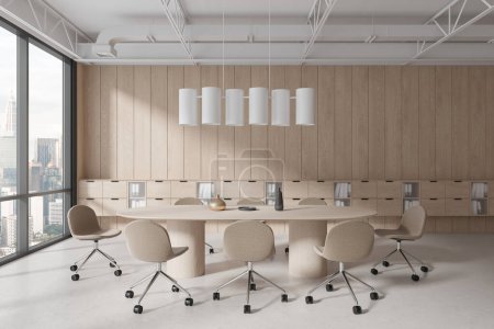 Photo for Cozy meeting interior with conference board and wooden shelves, light concrete floor. Ceo workspace with panoramic window on Kuala Lumpur skyscrapers. 3D rendering - Royalty Free Image