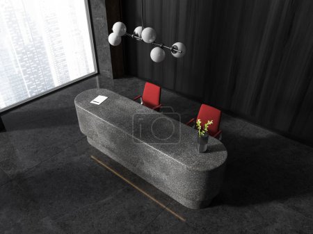 Photo for Top view of dark company interior stone reception desk with red armchairs, grey tile granite floor. Registration, check-in and service corner with panoramic window on skyscrapers. 3D rendering - Royalty Free Image