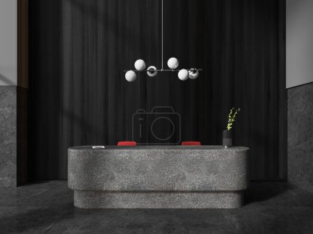 Photo for Black hotel interior lobby with stone reception desk and plant in vase, grey tile granite floor. Registration and check-in space with minimalist decoration in hall. 3D rendering - Royalty Free Image