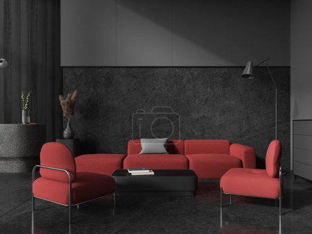 Téléchargez les photos : Bureau sombre ou hall intérieur de l'hôtel avec fauteuils rouges et canapé avec table basse, sol en granit gris. Espace d'attente et de réunion dans la salle de réception. rendu 3D - en image libre de droit