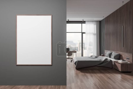 Photo for Dark home bedroom interior with sleep and work space. Bed with nightstand and decor on hardwood floor. Panoramic window on Kuala Lumpur. Mock up canvas poster on grey wall partition. 3D rendering - Royalty Free Image